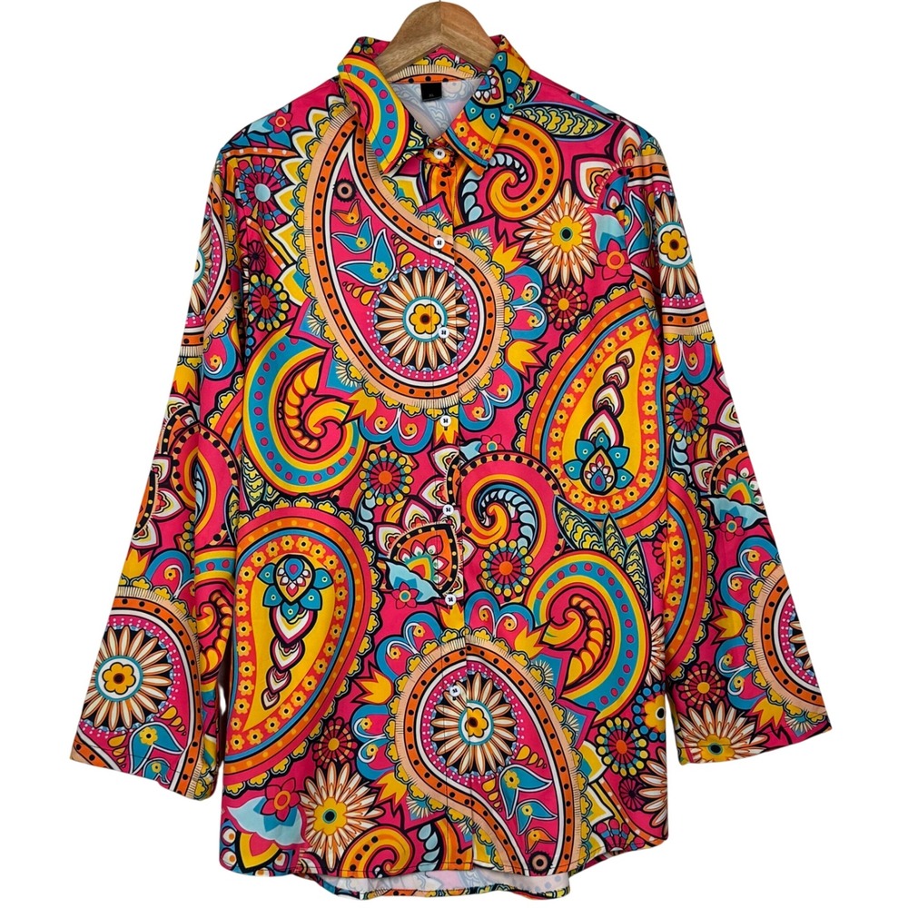 Paisley Button Down Shirt Tunic Women XL Multi-Color Psychedelic Vibrant Pop Art